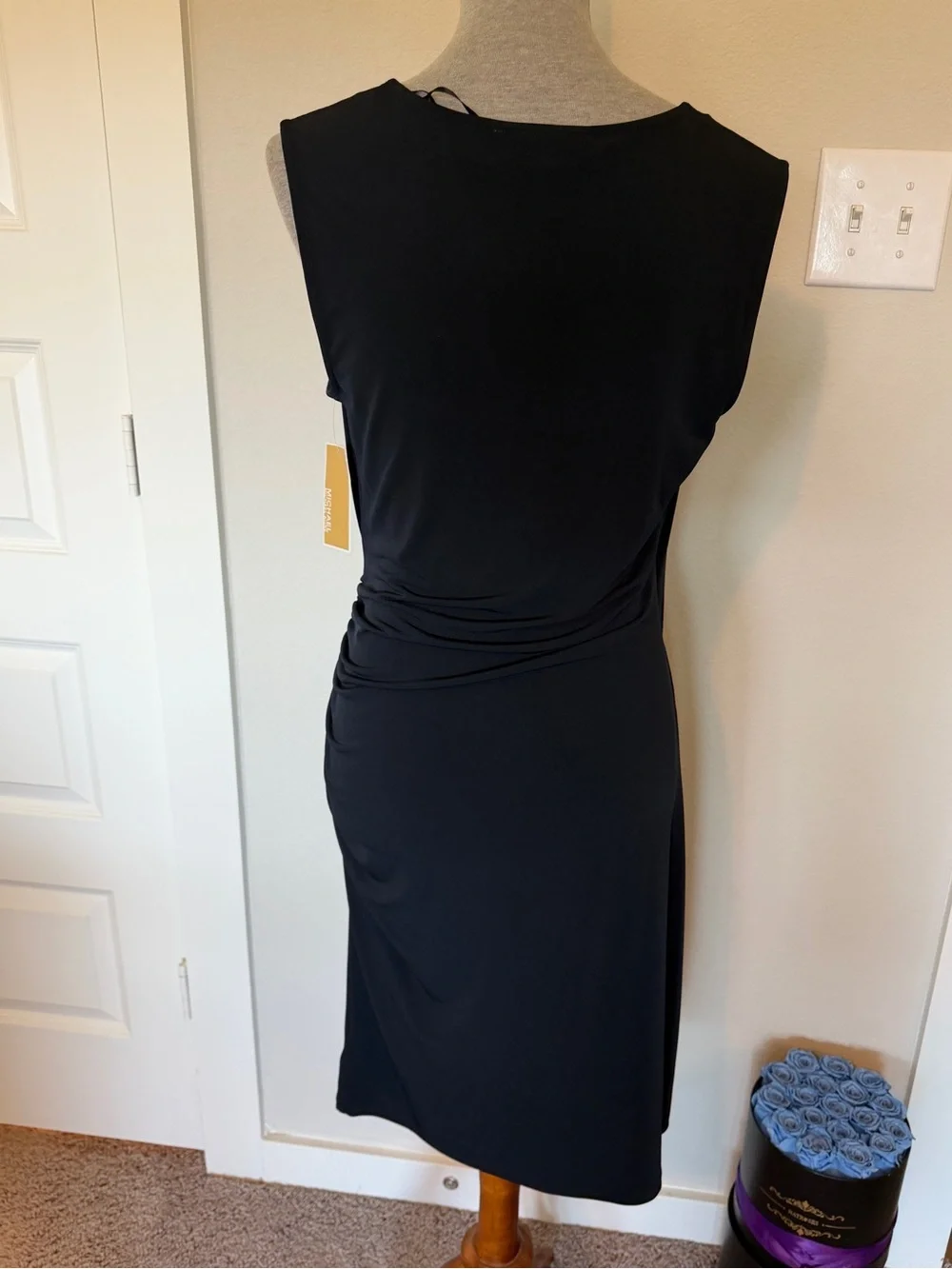 MICHAEL Michael Kors Navy Blue Sleeveless Faux-Wrap Ruched Midi Dress
